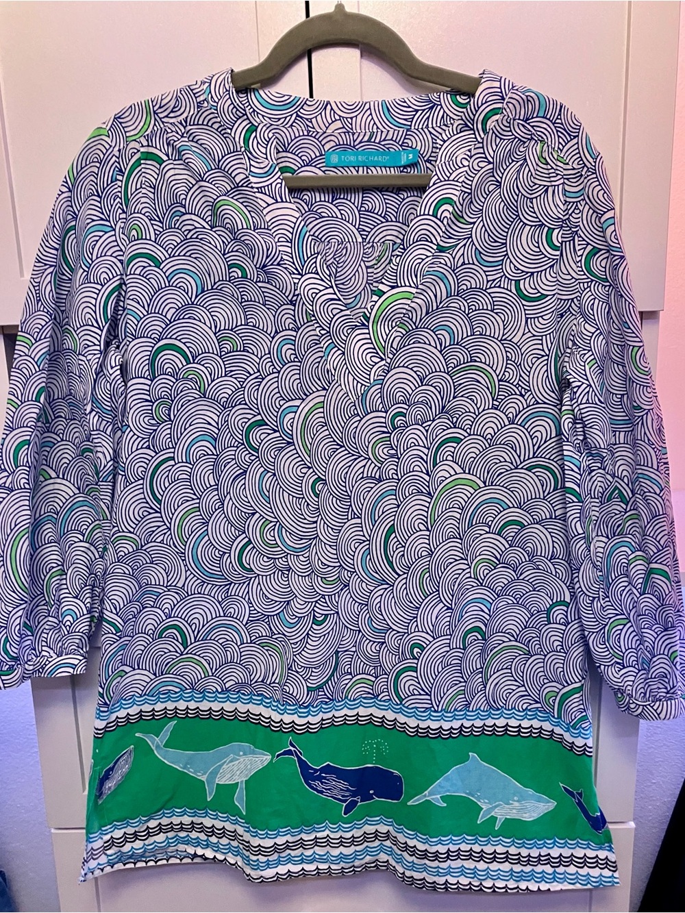 Tori Richard White Navy Green Blue Wave-Print Swim Coverup